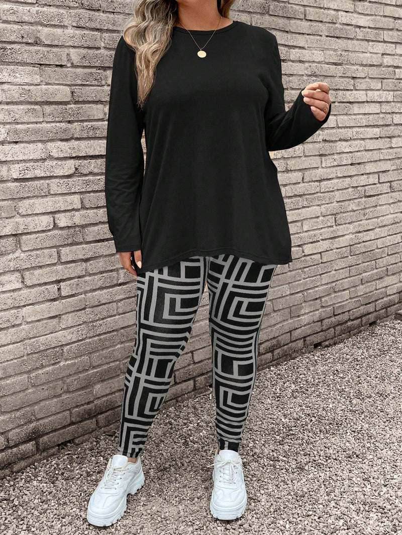 Conjunto Feminino de 2 peças, Camiseta Manga Longa  e Legging. Plus Size - Yarin