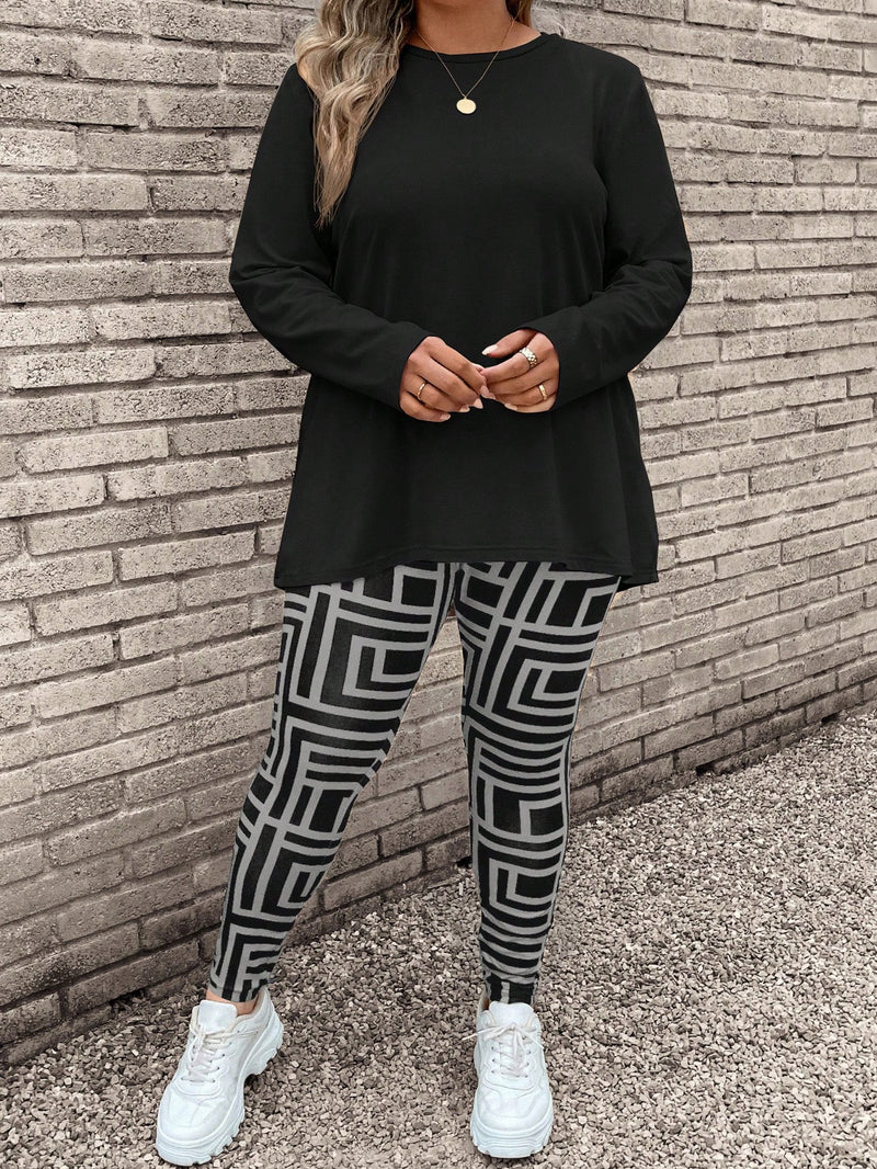 Conjunto Feminino de 2 peças, Camiseta Manga Longa  e Legging. Plus Size - Yarin