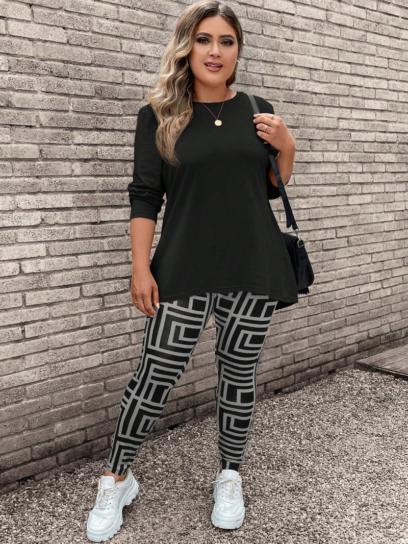 Conjunto Feminino de 2 peças, Camiseta Manga Longa  e Legging. Plus Size - Yarin