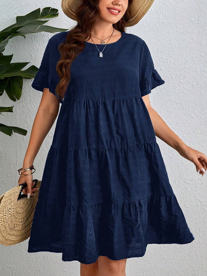 Vestido Feminino Solto Redondo de Manga Curta. Plus Size -Nick