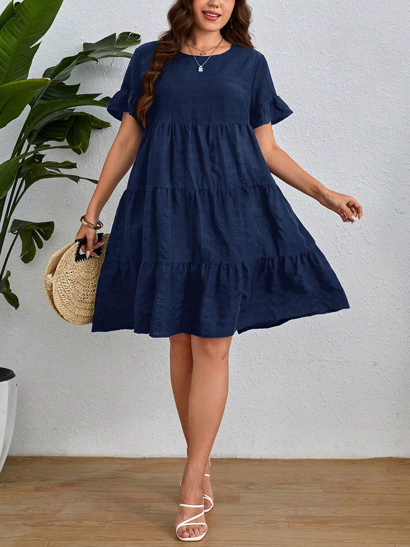Vestido Feminino Solto Redondo de Manga Curta. Plus Size -Nick