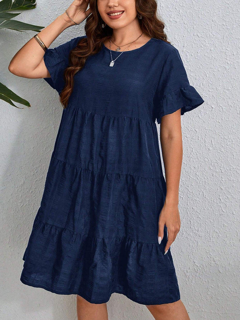 Vestido Feminino Solto Redondo de Manga Curta. Plus Size -Nick