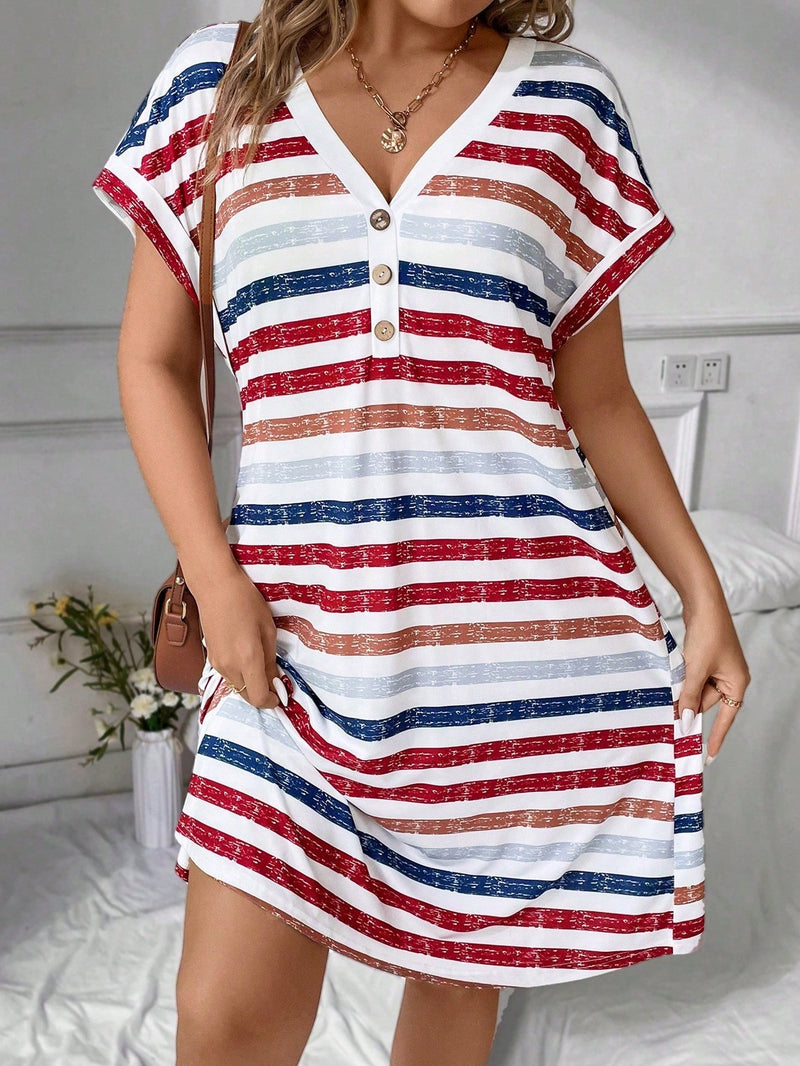 Vestido Feminino de Manga Curta com Decote em V. Plus Size - Ritha