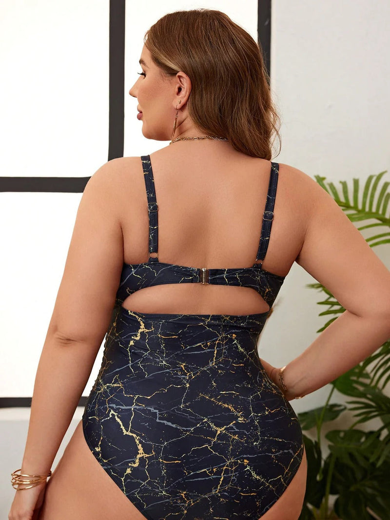 Maiô Feminino Cintura Alta Com Estampa De Mármore - Catrinni. Plus Size